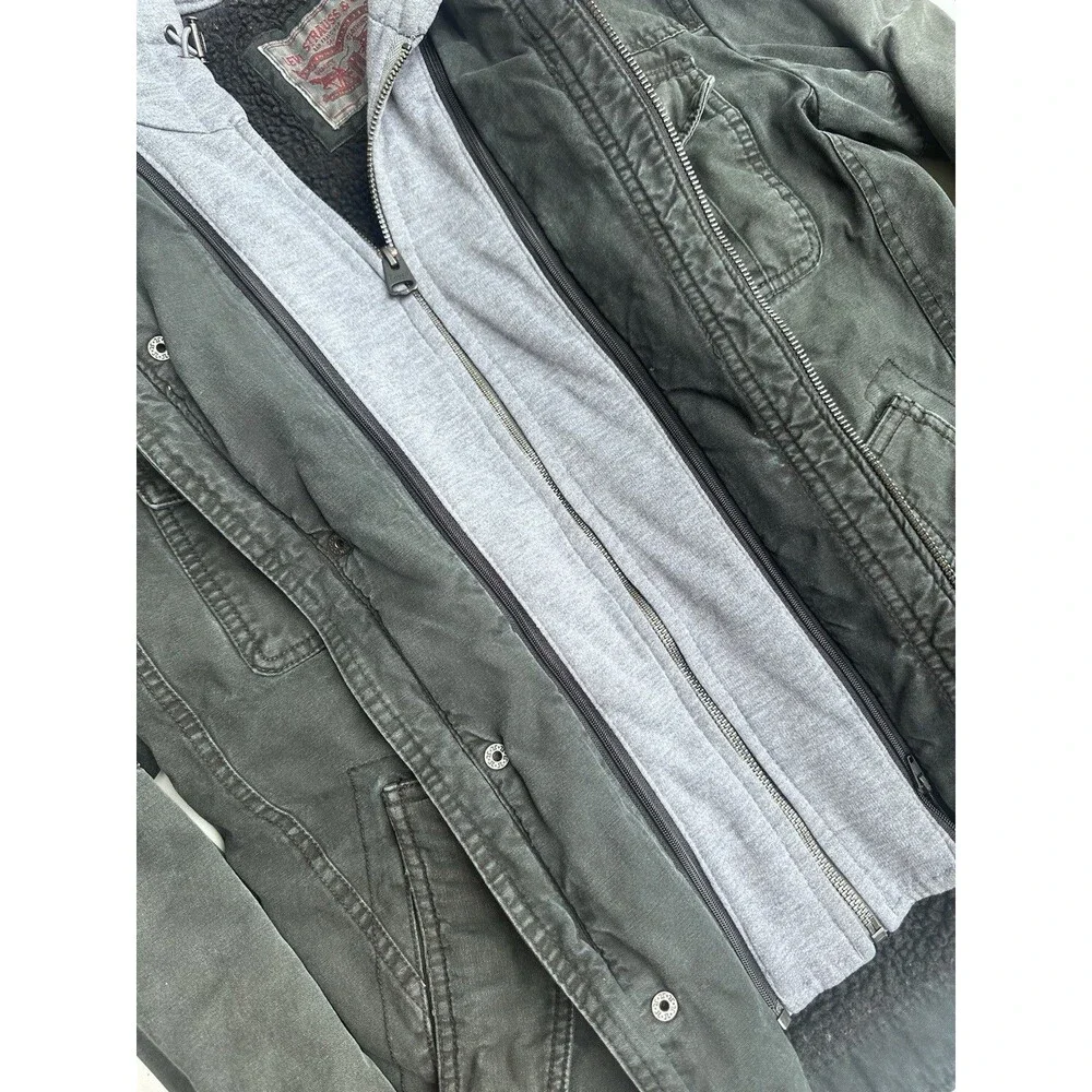 Levi Strauss & Co Mens Hooded Lined Military Jacket Full Zip Snap XS olive Green